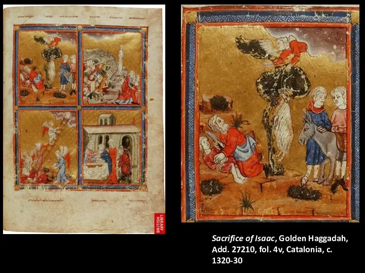 Sacrifice of Isaac, Golden Haggadah, Add. 27210, fol. 4v, Catalonia, c. 1320-30