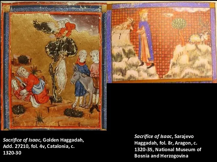 Sacrifice of Isaac, Golden Haggadah, Add. 27210, fol. 4v, Catalonia, c. 1320-30 Sacrifice