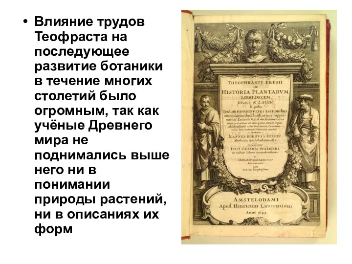 Влияние трудов Теофраста на последующее развитие ботаники в течение многих столетий было огромным,