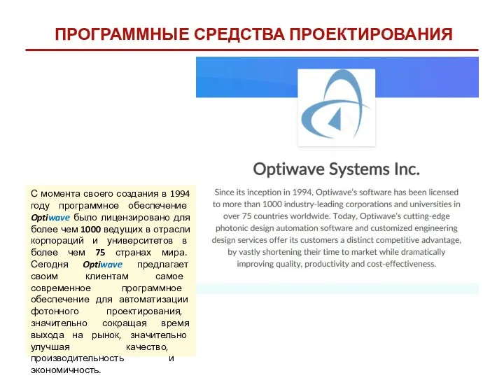 ПРОГРАММНЫЕ СРЕДСТВА ПРОЕКТИРОВАНИЯ С момента своего создания в 1994 году программное обеспечение Optiwave
