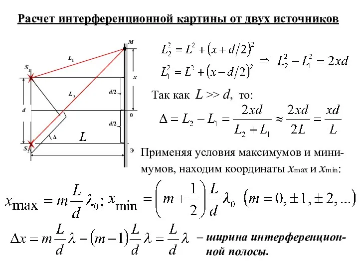 Расчет интерференционной картины от двух источников Так как L >> d, то: Применяя