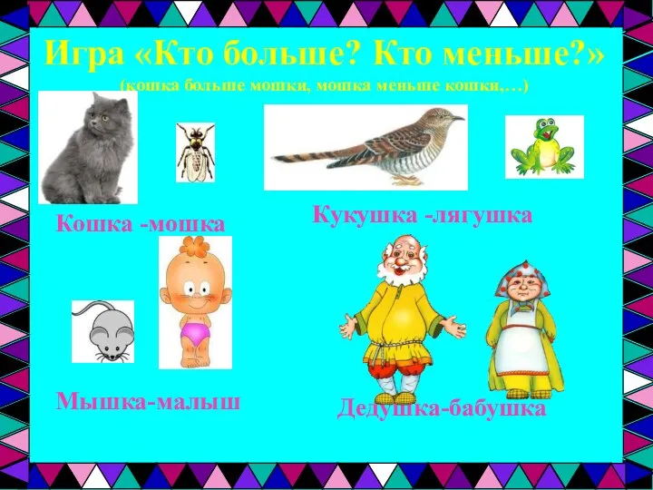 Игра «Кто больше? Кто меньше?» (кошка больше мошки, мошка меньше