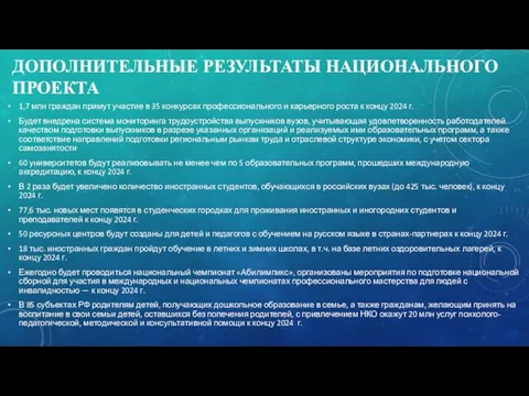 ДОПОЛНИТЕЛЬНЫЕ РЕЗУЛЬТАТЫ НАЦИОНАЛЬНОГО ПРОЕКТА 1,7 млн граждан примут участие в