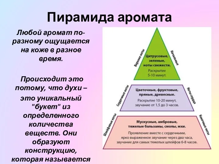 Пирамида аромата Любой аромат по-разному ощущается на коже в разное