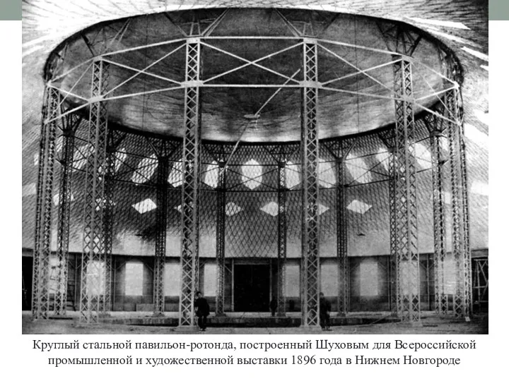 Круглый стальной павильон-ротонда, построенный Шуховым для Всероссийской промышленной и художественной выставки 1896 года в Нижнем Новгороде