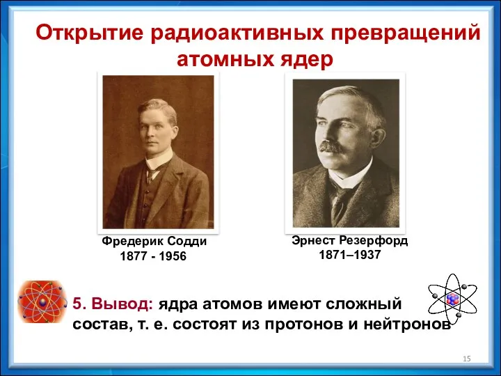 Фредерик Содди 1877 - 1956 Эрнест Резерфорд 1871–1937 Открытие радиоактивных