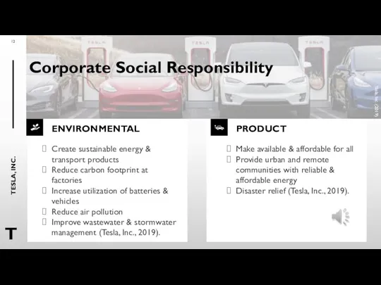 ENVIRONMENTAL PRODUCT Corporate Social Responsibility Tesla, Inc. (2019) Create sustainable