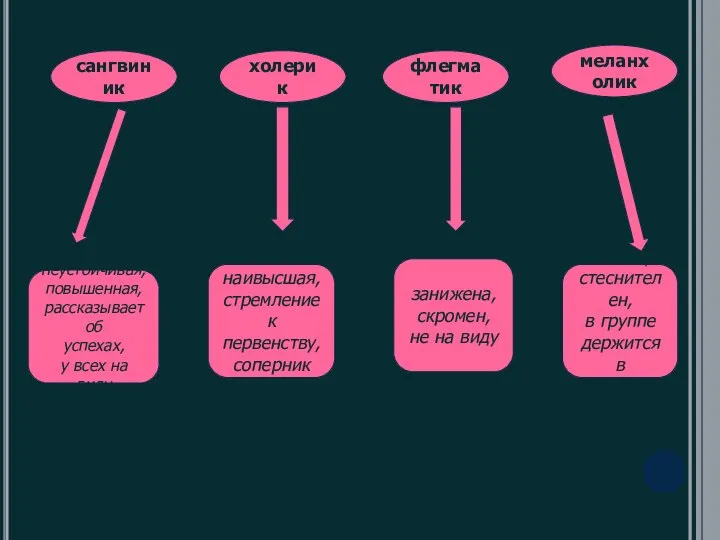 САМООЦЕНКА В ЗАВИСИМОСТИ ОТ ТЕМПЕРАМЕНТА неустойчивая, повышенная, рассказывает об успехах,