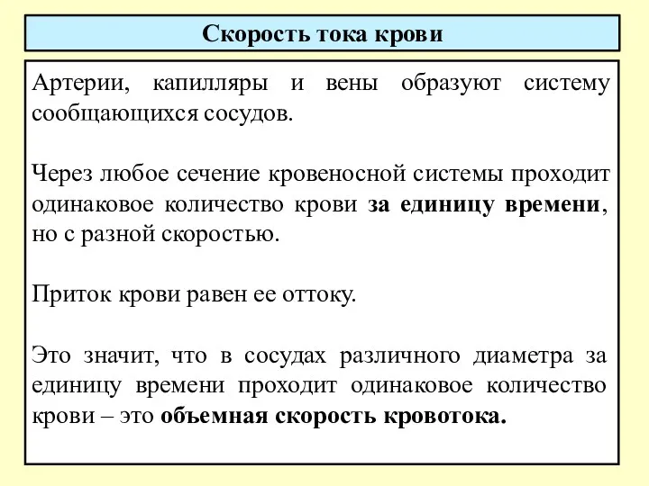 Скорость тока крови Артерии, капилляры и вены образуют систему сообщающихся