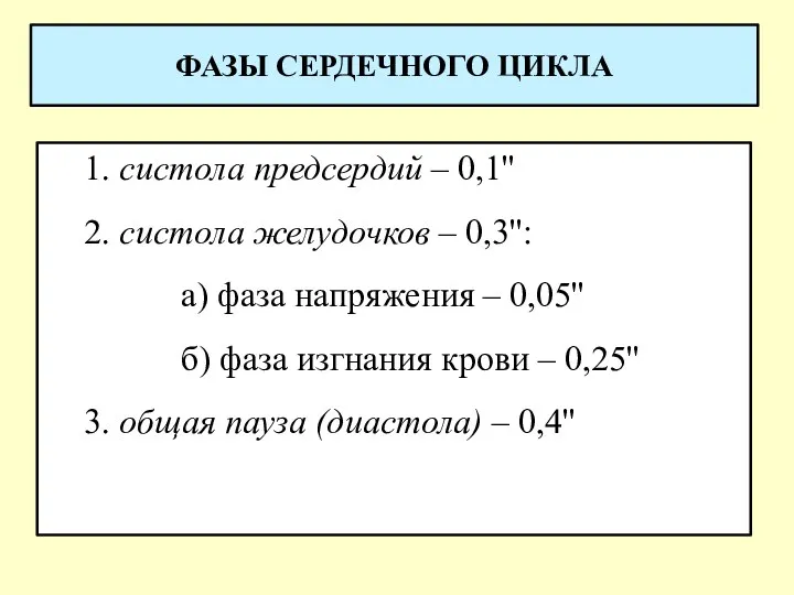 ФАЗЫ СЕРДЕЧНОГО ЦИКЛА 1. систола предсердий – 0,1'' 2. систола