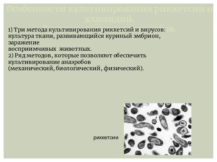 Особенности культивирования риккетсий и хламидий. Культивирование анаэробов. 1) Три метода