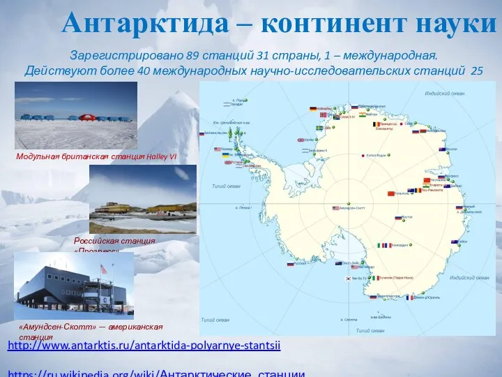 Антарктида – континент науки Зарегистрировано 89 станций 31 страны, 1