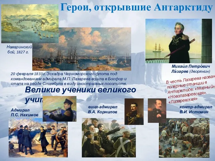 Герои, открывшие Антарктиду Михаи́л Петро́вич Ла́зарев (дворянин) В честь Лазарева