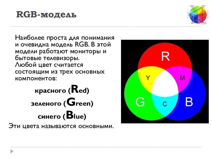 Наиболее проста для понимания и очевидна модель RGB. В этой