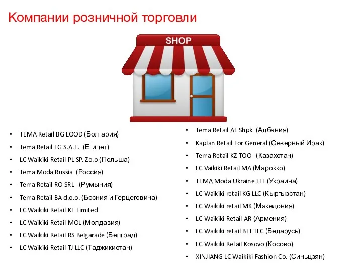 Компании розничной торговли TEMA Retail BG EOOD (Болгария) Tema Retail EG S.A.E. (Египет)