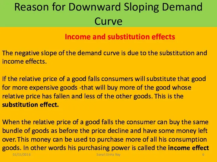 Reason for Downward Sloping Demand Curve 01/11/2016 Sonali Sinha Roy