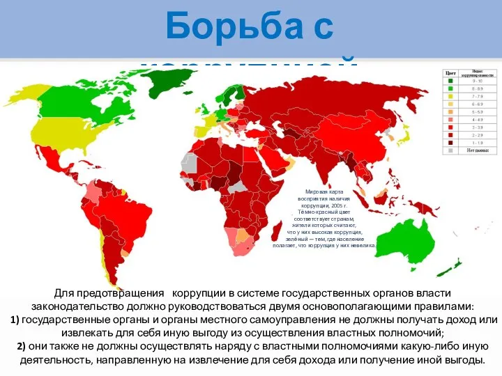 Борьба с коррупцией Мировая карта восприятия наличия коррупции, 2005 г.