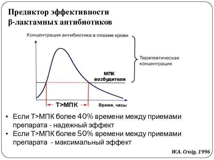 Предиктор эффективности β-лактамных антибиотиков Если Т>МПК более 40% времени между