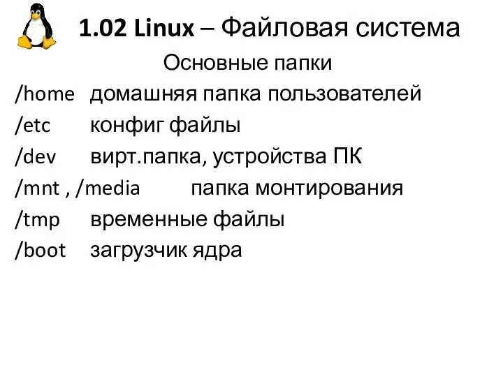 1.02 Linux – Файловая система Основные папки /home домашняя папка
