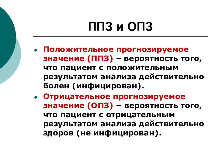 ППЗ и ОПЗ Положительное прогнозируемое значение (ППЗ) – вероятность того,