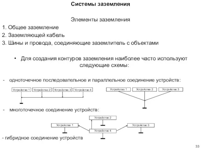 Системы заземления Элементы заземления 1. Общее заземление 2. Заземляющей кабель