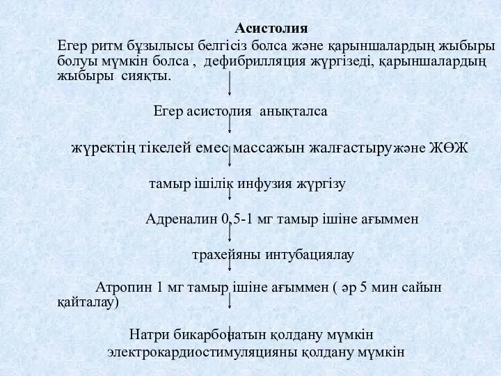 Асистолия Егер ритм бұзылысы белгісіз болса және қарыншалардың жыбыры болуы мүмкін болса ,