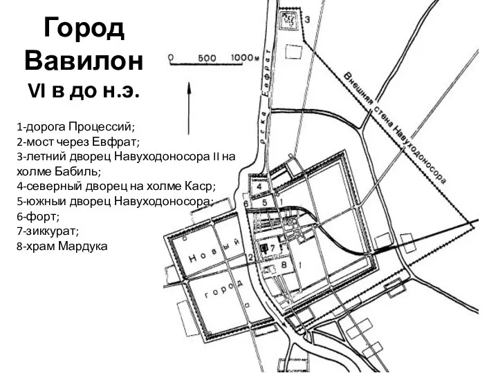 1-дорога Процессий; 2-мост через Евфрат; 3-летний дворец Навуходоносора II на