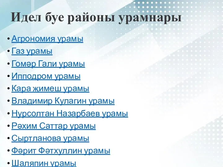 Идел буе районы урамнары Агрономия урамы Газ урамы Гомәр Гали