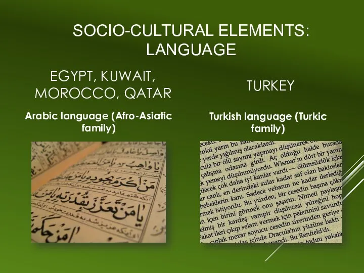 SOCIO-CULTURAL ELEMENTS: LANGUAGE EGYPT, KUWAIT, MOROCCO, QATAR Arabic language (Afro-Asiatic family) TURKEY Turkish language (Turkic family)