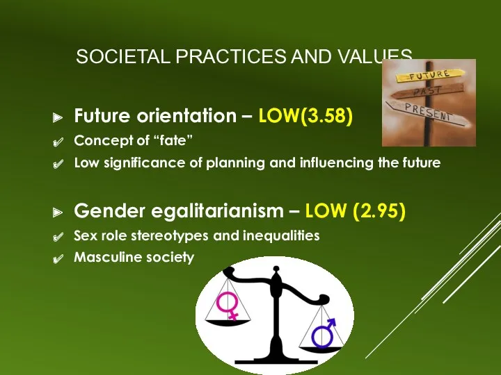 SOCIETAL PRACTICES AND VALUES Future orientation – LOW(3.58) Concept of