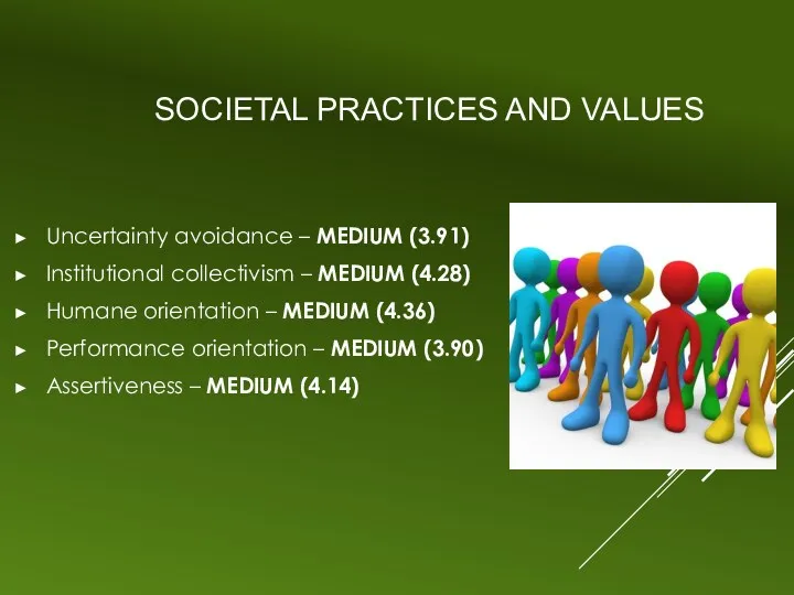 SOCIETAL PRACTICES AND VALUES Uncertainty avoidance – MEDIUM (3.91) Institutional