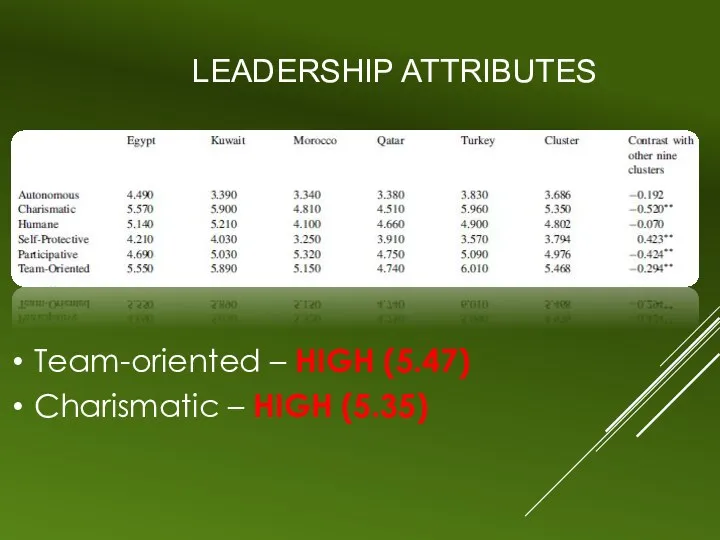 LEADERSHIP ATTRIBUTES Team-oriented – HIGH (5.47) Charismatic – HIGH (5.35)