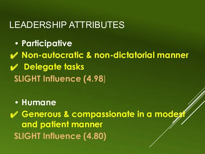 LEADERSHIP ATTRIBUTES Participative Non-autocratic & non-dictatorial manner Delegate tasks SLIGHT