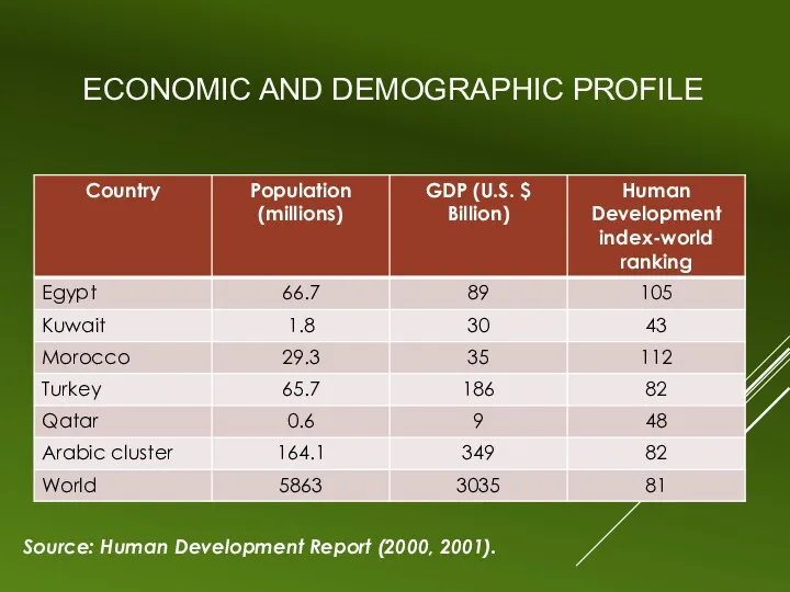 ECONOMIC AND DEMOGRAPHIC PROFILE Source: Human Development Report (2000, 2001).