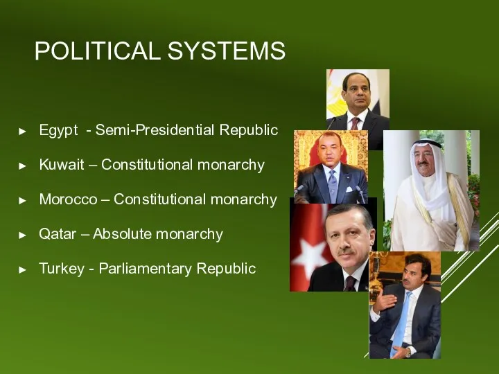 POLITICAL SYSTEMS Egypt - Semi-Presidential Republic Kuwait – Constitutional monarchy