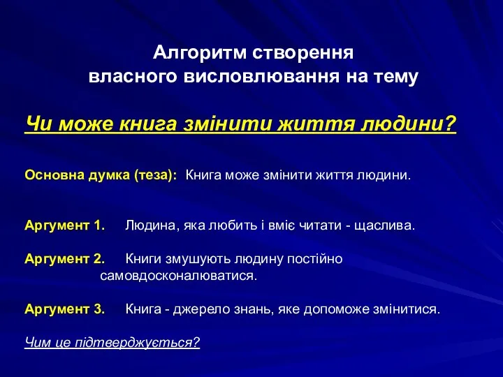 Алгоритм створення власного висловлювання на тему Чи може книга змінити