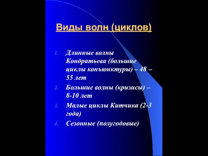 Виды волн (циклов) Длинные волны Кондратьева (большие циклы конъюнктуры) –