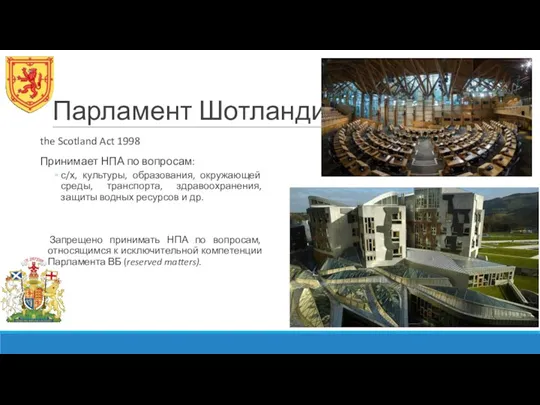 Парламент Шотландии the Scotland Act 1998 Принимает НПА по вопросам: с/х, культуры, образования,