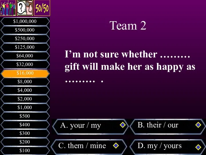 I’m not sure whether ……… gift will make her as happy as ……… . Team 2