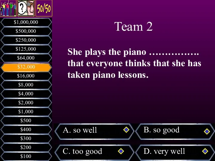 She plays the piano ……………. that everyone thinks that she has taken piano lessons. Team 2