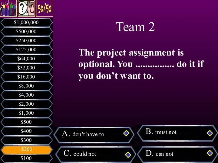 Team 2 The project assignment is optional. You ................ do it if you don’t want to.