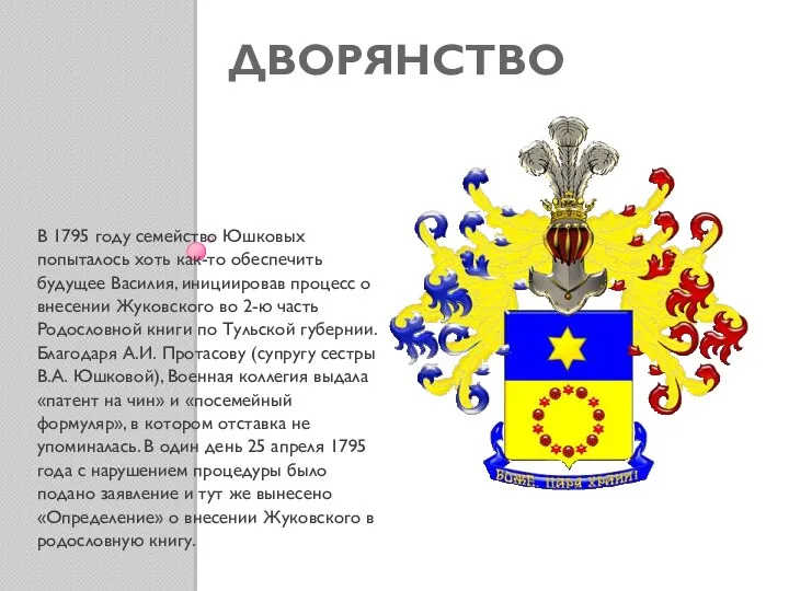 ДВОРЯНСТВО В 1795 году семейство Юшковых попыталось хоть как-то обеспечить будущее Василия, инициировав