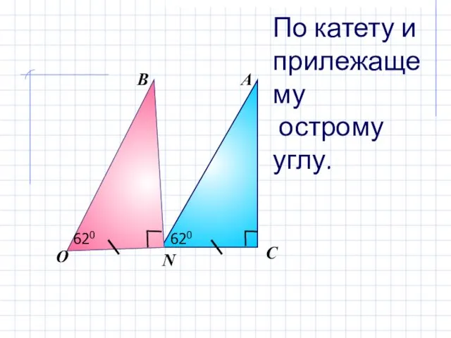 В А С N По катету и прилежащему острому углу. О 620 620