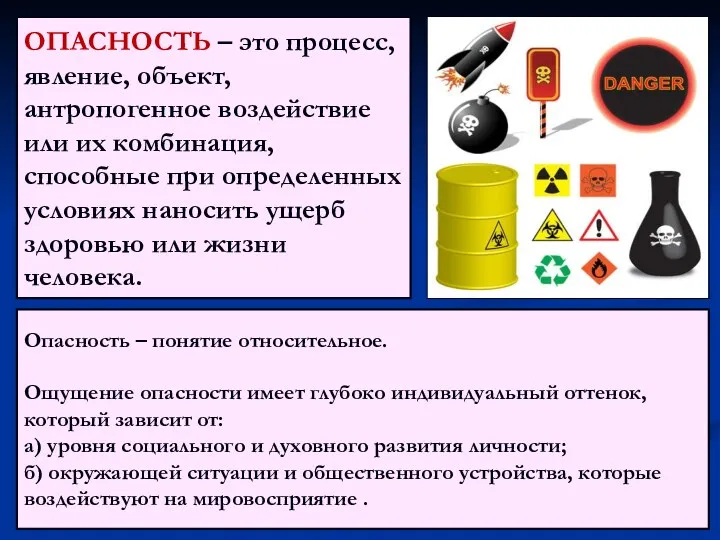 ОПАСНОСТЬ – это процесс, явление, объект, антропогенное воздействие или их