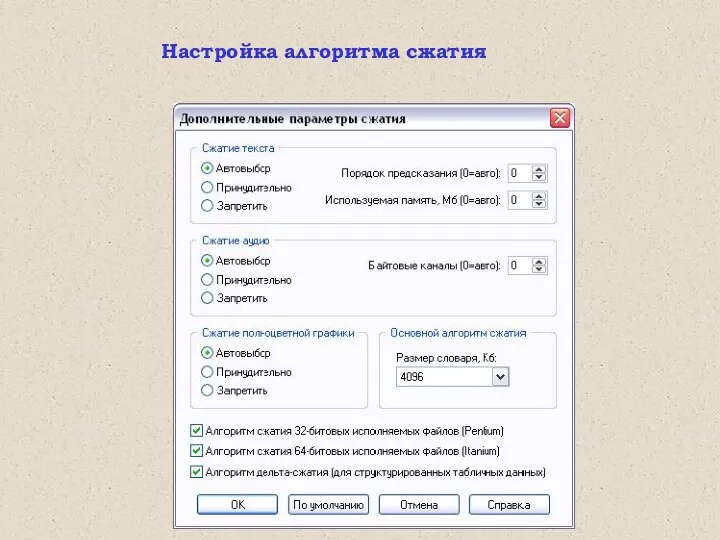 Настройка алгоритма сжатия