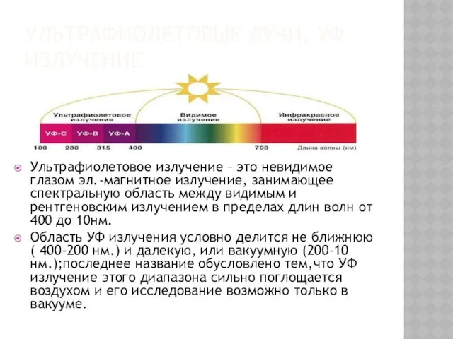 УЛЬТРАФИОЛЕТОВЫЕ ЛУЧИ, УФ ИЗЛУЧЕНИЕ Ультрафиолетовое излучение – это невидимое глазом