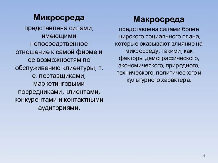 Микросреда представлена силами, имеющими непосредственное отношение к самой фирме и