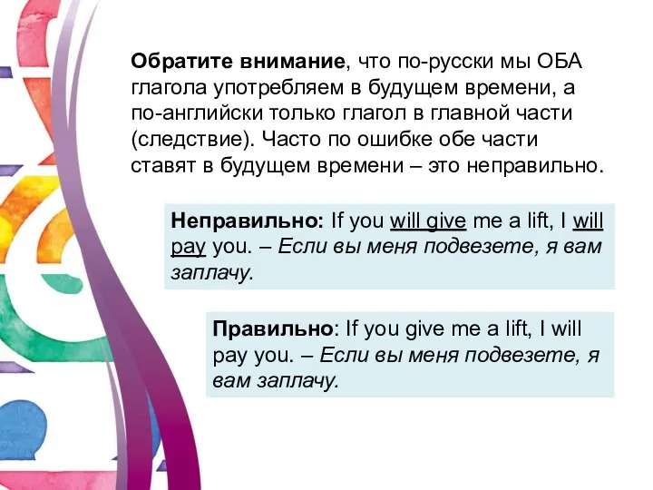 Обратите внимание, что по-русски мы ОБА глагола употребляем в будущем