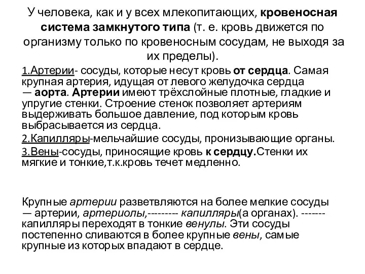 У человека, как и у всех млекопитающих, кровеносная система замкнутого