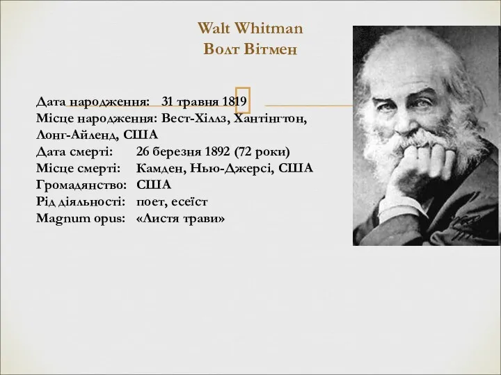 Walt Whitman Волт Вітмен Дата народження: 31 травня 1819 Місце